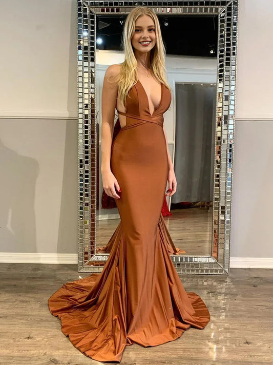 Dress Sexy Long Mermaid V-neck Satin Open Back Graduation Formal Prom Dresses