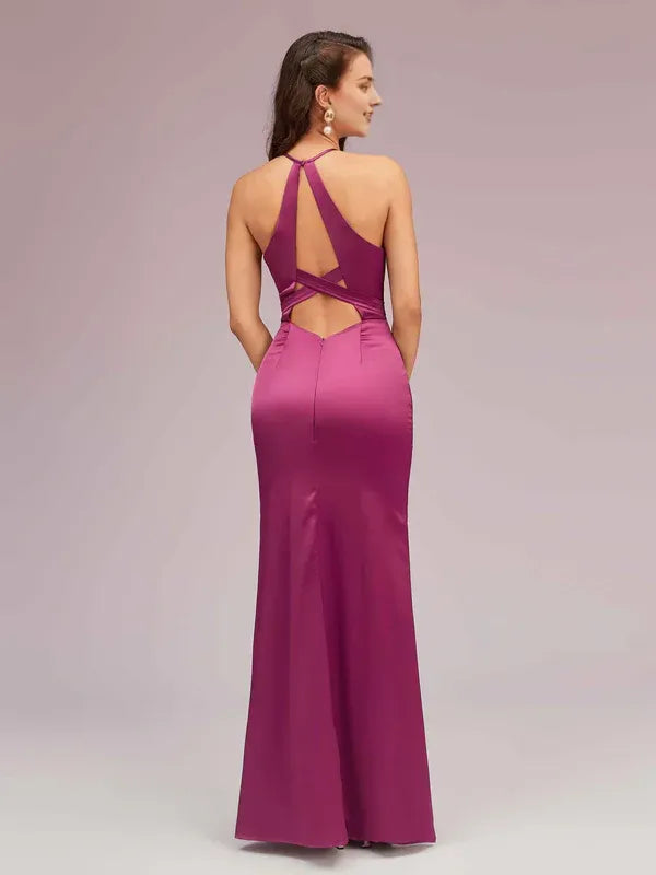 Dress Sexy Mermaid Halter Long Satin Party Prom Dresses Sleeveless Backless With Slit