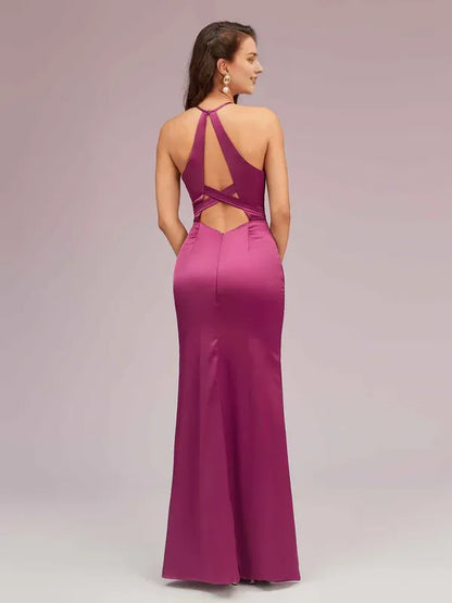 Dress Sexy Mermaid Halter Long Satin Party Prom Dresses Sleeveless Backless With Slit