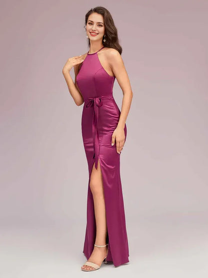 Dress Sexy Mermaid Halter Long Satin Party Prom Dresses Sleeveless Backless With Slit