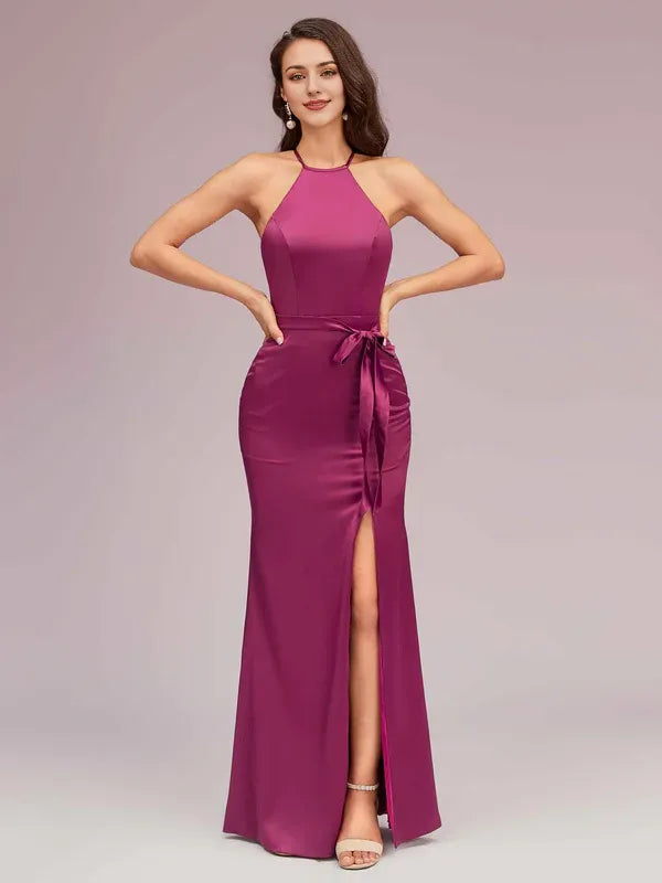 Dress Sexy Mermaid Halter Long Satin Party Prom Dresses Sleeveless Backless With Slit
