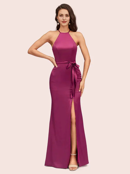 Dress Sexy Mermaid Halter Long Satin Party Prom Dresses Sleeveless Backless With Slit