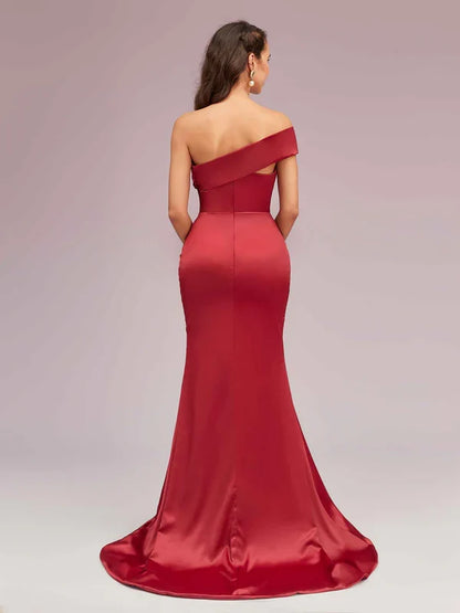 Dress Sexy Mermaid One Shoulder Long Soft Satin Evening Sweep Brush Train Prom Dresses With Slit