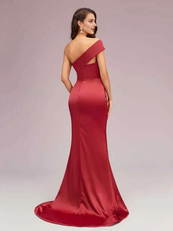 Dress Sexy Mermaid One Shoulder Long Soft Satin Evening Sweep Brush Train Prom Dresses With Slit
