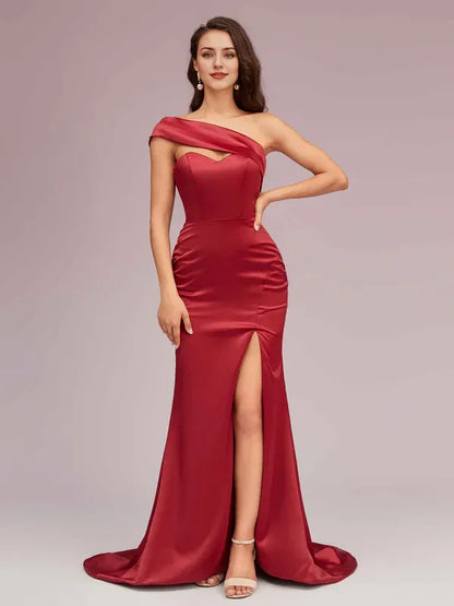 Dress Sexy Mermaid One Shoulder Long Soft Satin Evening Sweep Brush Train Prom Dresses With Slit