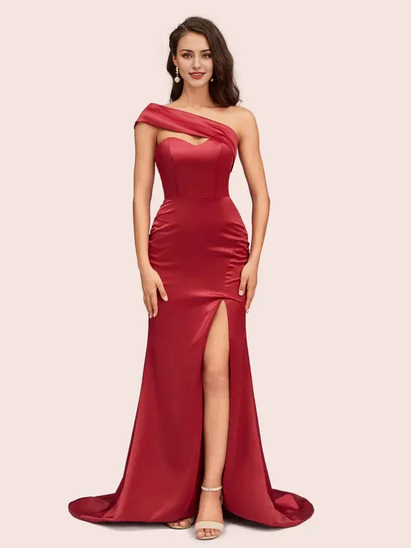 Dress Sexy Mermaid One Shoulder Long Soft Satin Evening Sweep Brush Train Prom Dresses With Slit