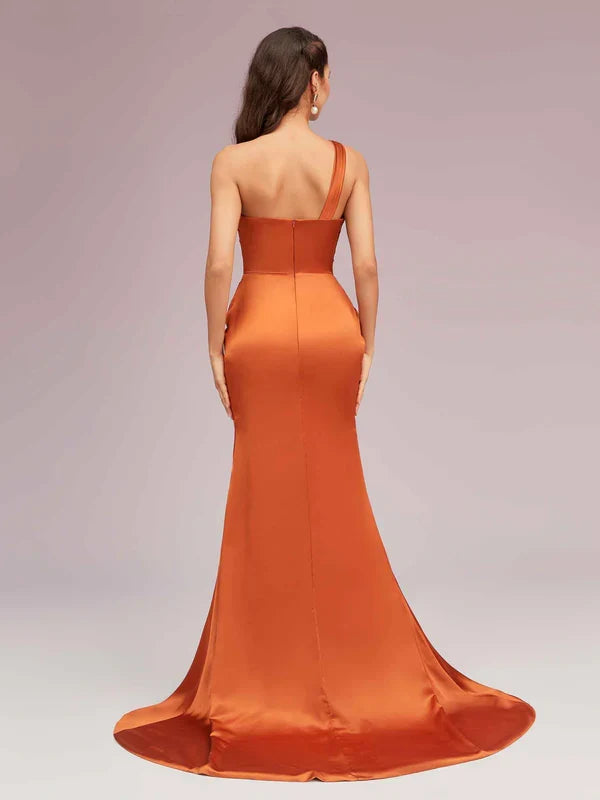 Dress Sexy Mermaid One Shoulder Sleeveless Long Soft Satin Side Slit Formal Sweep Brush Train Prom Dresses