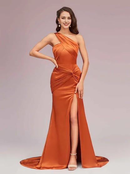 Dress Sexy Mermaid One Shoulder Sleeveless Long Soft Satin Side Slit Formal Sweep Brush Train Prom Dresses