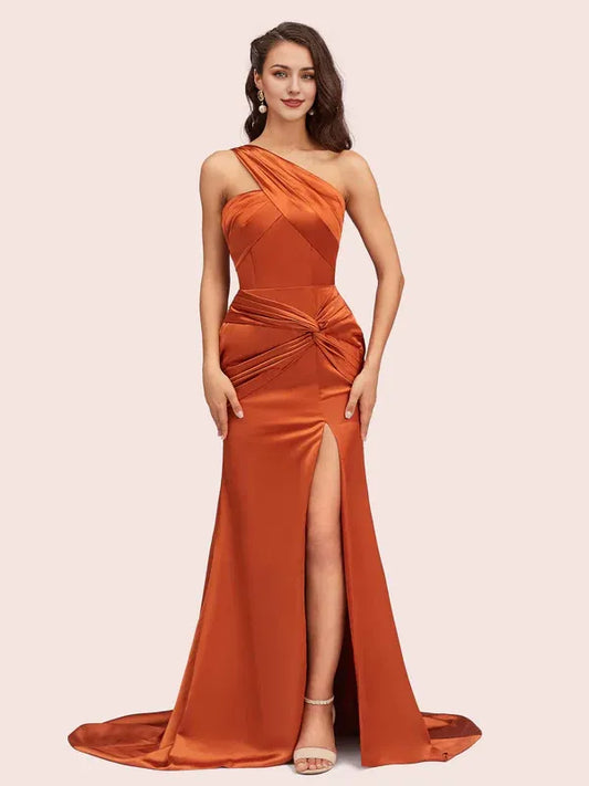 Dress Sexy Mermaid One Shoulder Sleeveless Long Soft Satin Side Slit Formal Sweep Brush Train Prom Dresses