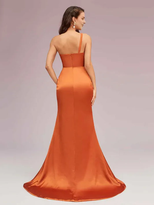 Dress Sexy Mermaid One Shoulder Unique Side Slit Soft Satin Evening Pleated Sleeveless Prom Dresses