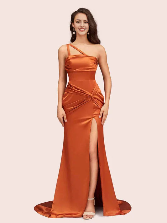 Dress Sexy Mermaid One Shoulder Unique Side Slit Soft Satin Evening Pleated Sleeveless Prom Dresses