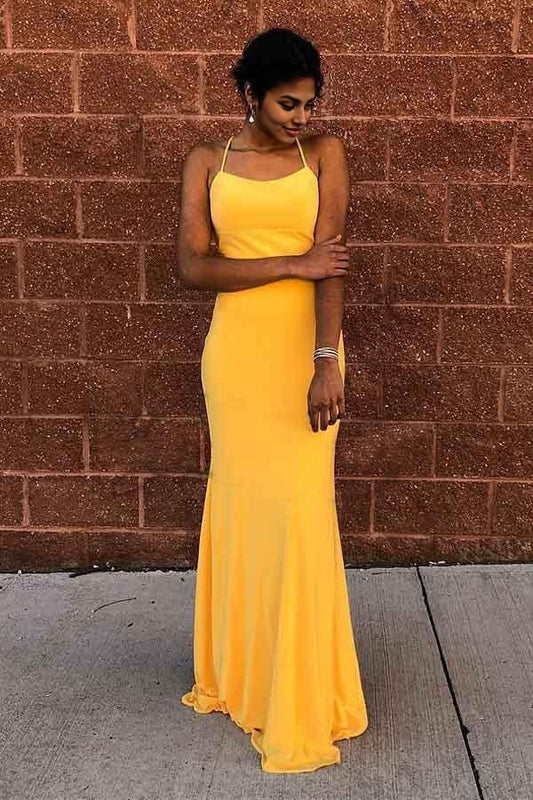 Dress Sexy Mermaid Satin Criss Cross Yellow Long Prom Dress