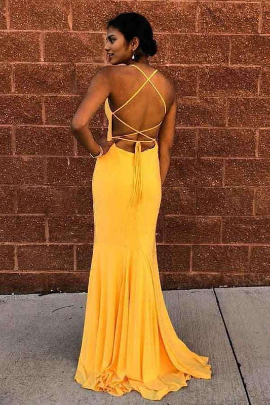 Dress Sexy Mermaid Satin Criss Cross Yellow Long Prom Dress