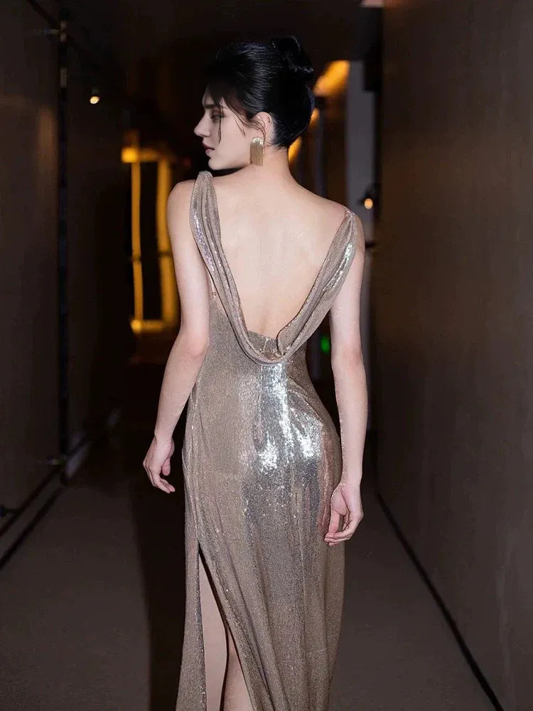 Dress Sexy Mermaid Sequin Backless Floor Length Evening Dress Prom Dresses