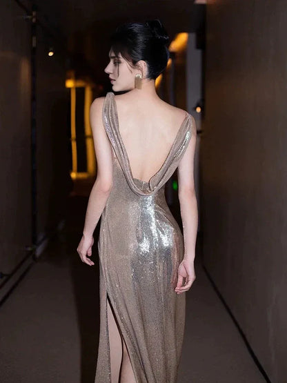 Dress Sexy Mermaid Sequin Backless Floor Length Evening Dress Prom Dresses