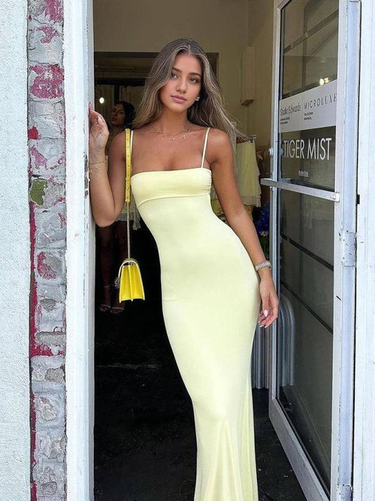Dress Sexy Mermaid Spaghetti Straps Yellow Satin Backless Evening Gown Prom Dresses