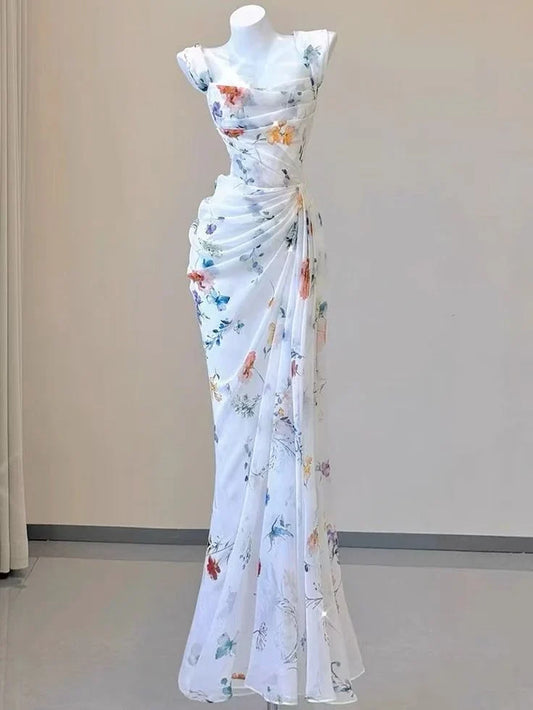 Dress Sexy Mermaid Straps Chiffon Floral Evening Gowns Long Prom Dresses