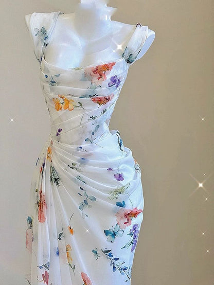 Dress Sexy Mermaid Straps Chiffon Floral Evening Gowns Long Prom Dresses