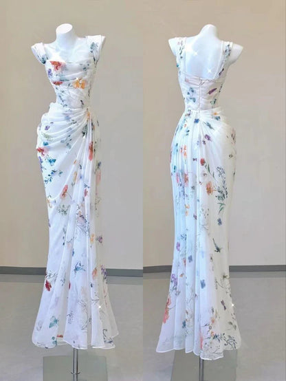 Dress Sexy Mermaid Straps Chiffon Floral Evening Gowns Long Prom Dresses