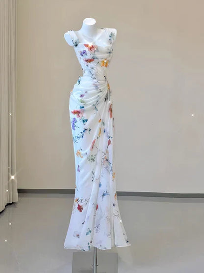 Dress Sexy Mermaid Straps Chiffon Floral Evening Gowns Long Prom Dresses