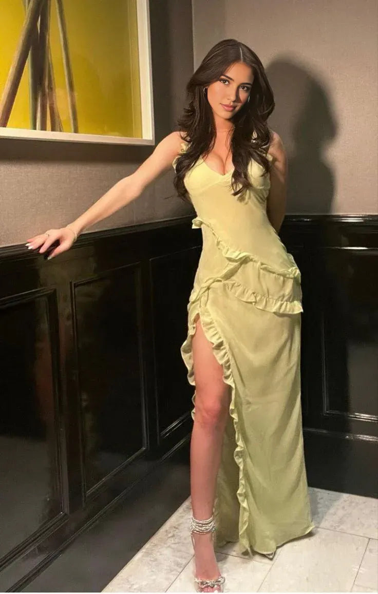 Dress Sexy Mermaid Straps Floor Length Slit Yellow Evening Dress Prom Dresses