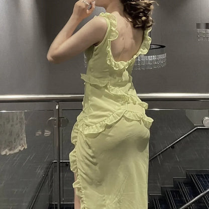 Dress Sexy Mermaid Straps Floor Length Slit Yellow Evening Dress Prom Dresses