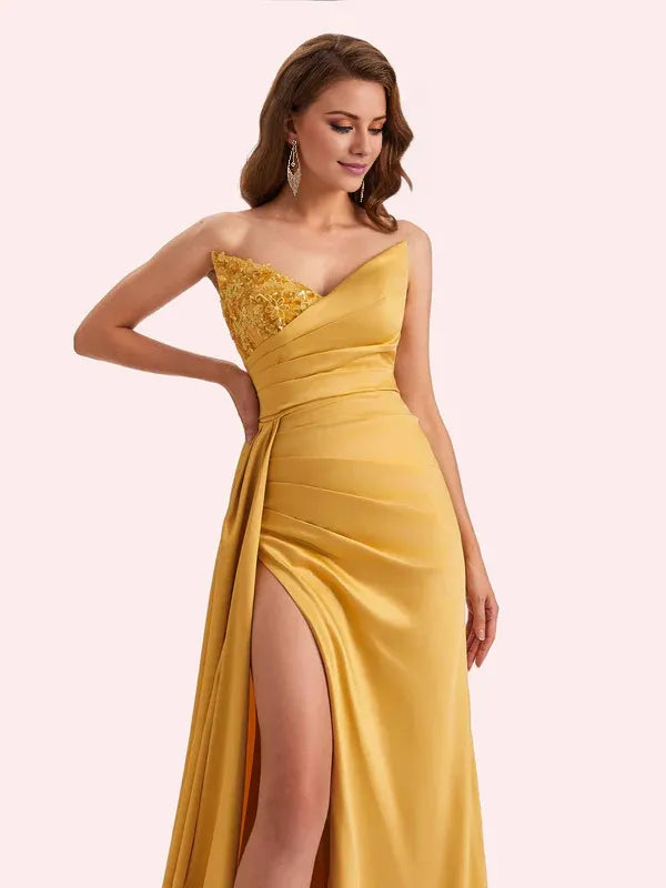 Dress Sexy Mermaid V-neck Side Slit Strapless Soft Satin Maxi Dress Bridesmaid Dress For Wedding Prom Dress