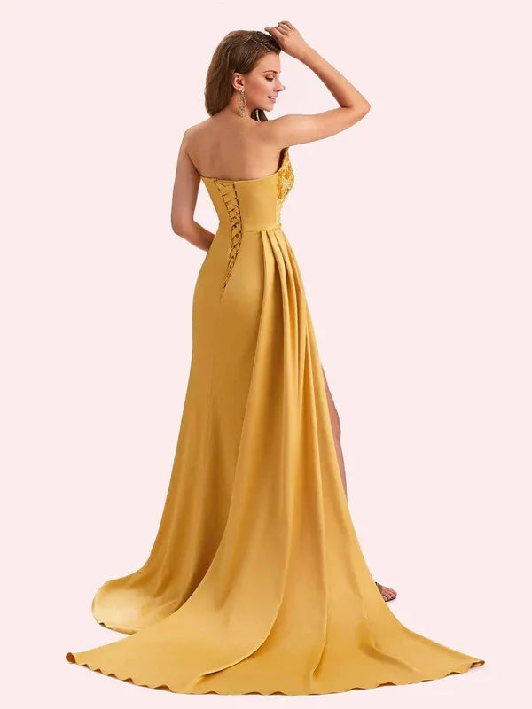 Dress Sexy Mermaid V-neck Side Slit Strapless Soft Satin Maxi Dress Bridesmaid Dress For Wedding Prom Dress