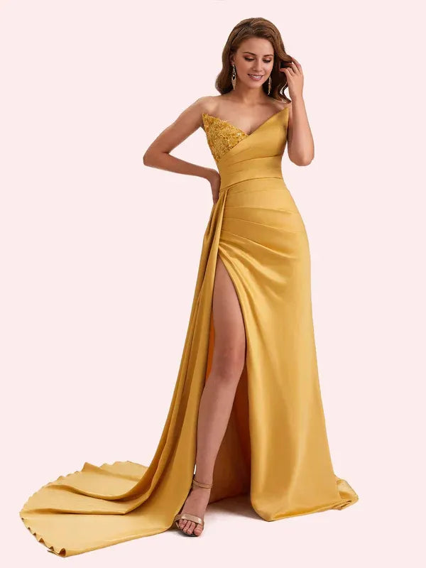 Dress Sexy Mermaid V-neck Side Slit Strapless Soft Satin Maxi Dress Bridesmaid Dress For Wedding Prom Dress