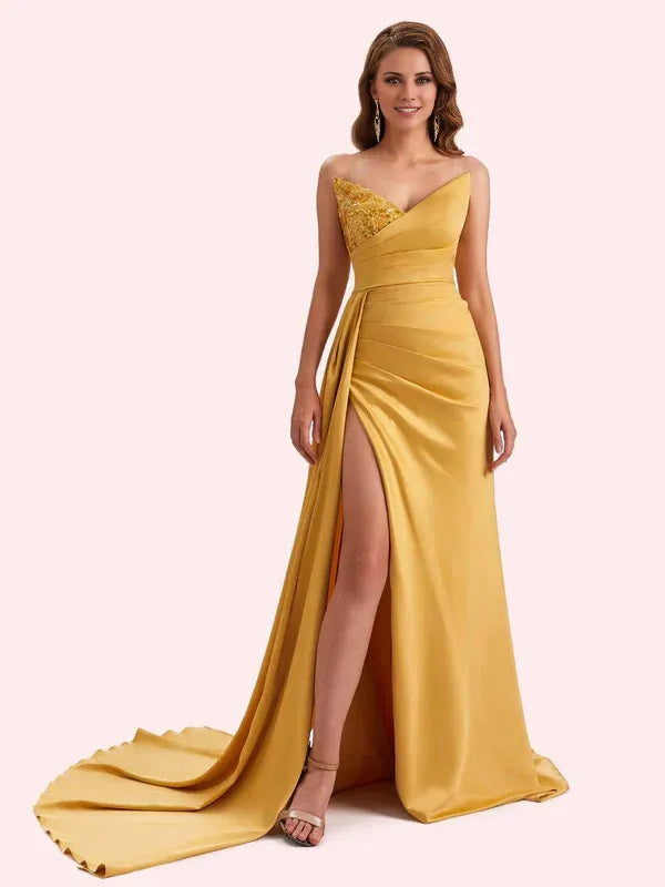 Dress Sexy Mermaid V-neck Side Slit Strapless Soft Satin Maxi Dress Bridesmaid Dress For Wedding Prom Dress
