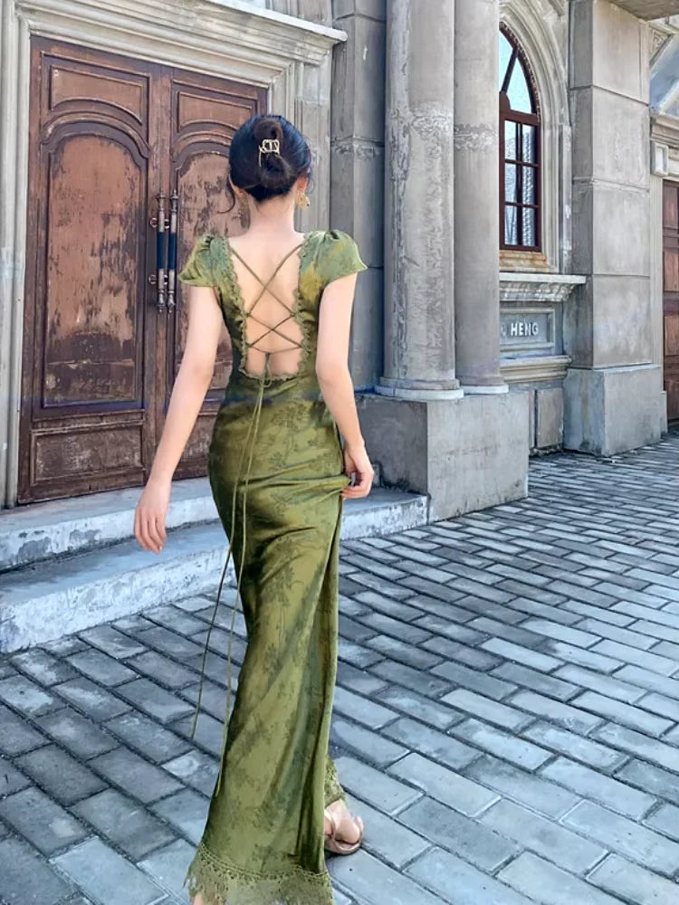 Dress Sexy Mermaid V Neckline Short Sleeves Lace Green Floor Length Evening Dress Prom Dresses