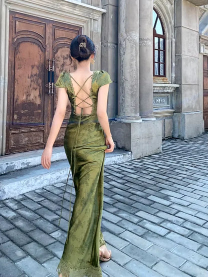 Dress Sexy Mermaid V Neckline Short Sleeves Lace Green Floor Length Evening Dress Prom Dresses