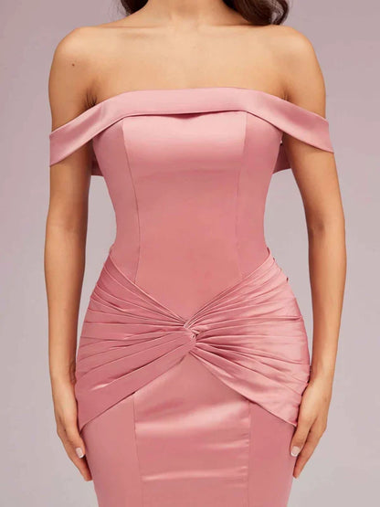 Dress Sexy Off Shoulder Mermaid Long Satin Formal Pleated Sweep Brush Train Prom Dresses