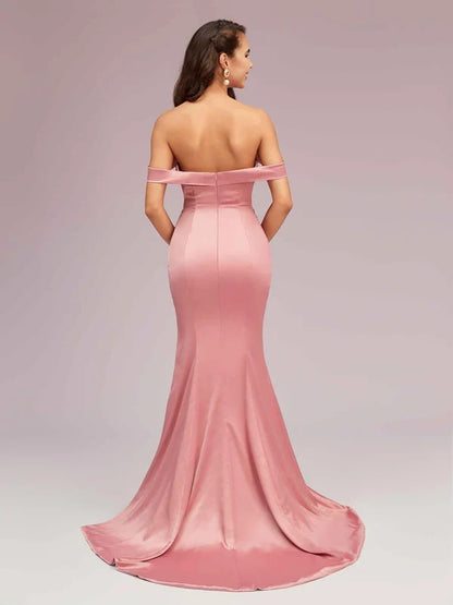Dress Sexy Off Shoulder Mermaid Long Satin Formal Pleated Sweep Brush Train Prom Dresses