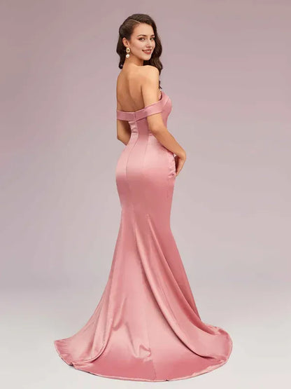 Dress Sexy Off Shoulder Mermaid Long Satin Formal Pleated Sweep Brush Train Prom Dresses