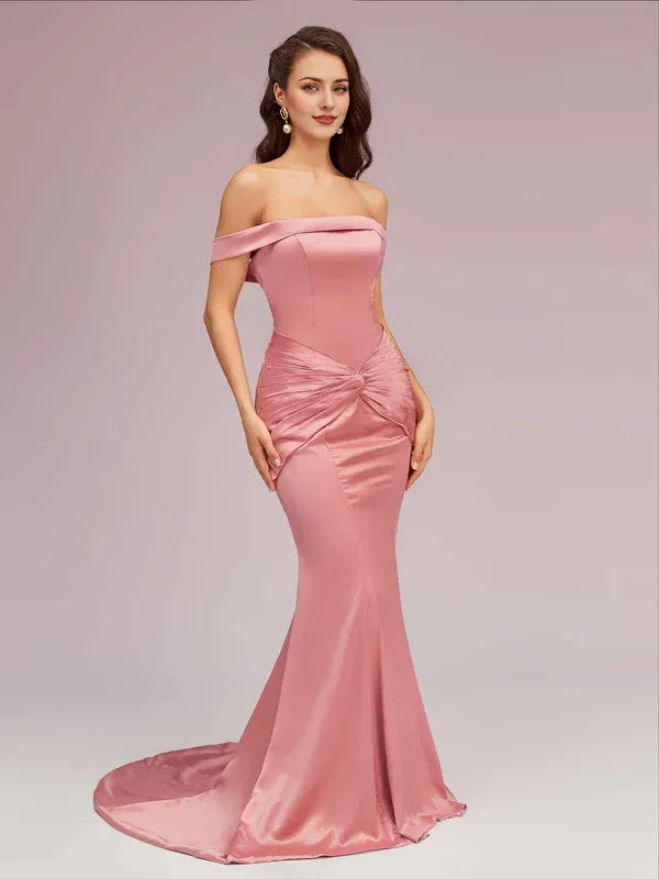 Dress Sexy Off Shoulder Mermaid Long Satin Formal Pleated Sweep Brush Train Prom Dresses