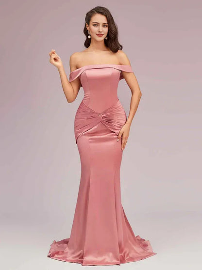 Dress Sexy Off Shoulder Mermaid Long Satin Formal Pleated Sweep Brush Train Prom Dresses