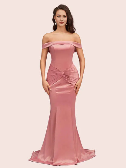Dress Sexy Off Shoulder Mermaid Long Satin Formal Pleated Sweep Brush Train Prom Dresses