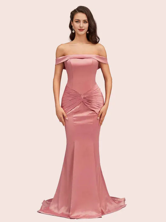 Dress Sexy Off Shoulder Mermaid Long Satin Formal Pleated Sweep Brush Train Prom Dresses