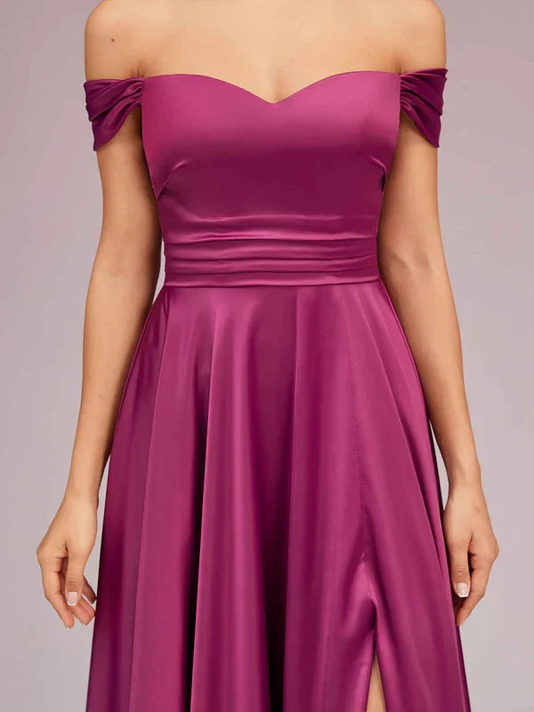 Dress Sexy Off Shoulder Side Slit A-Line Long Soft Satin Pleated Formal Prom Dresses