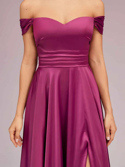 Dress Sexy Off Shoulder Side Slit A-Line Long Soft Satin Pleated Formal Prom Dresses