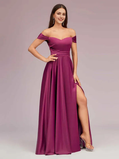Dress Sexy Off Shoulder Side Slit A-Line Long Soft Satin Pleated Formal Prom Dresses
