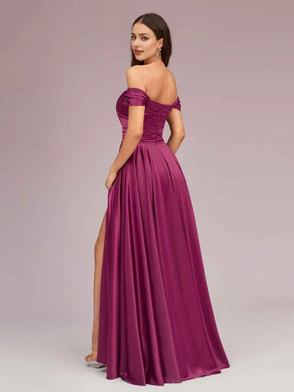 Dress Sexy Off Shoulder Side Slit A-Line Long Soft Satin Pleated Formal Prom Dresses