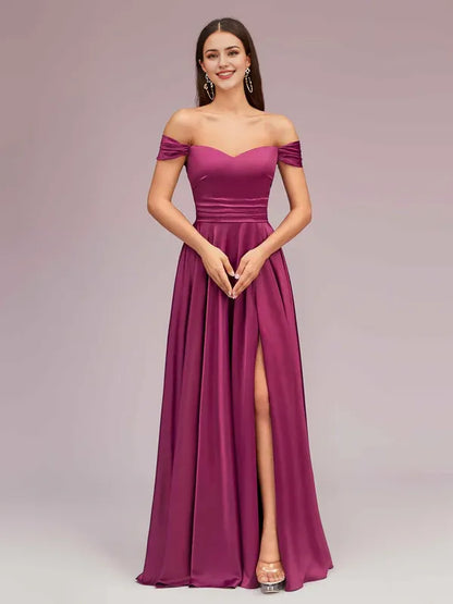 Dress Sexy Off Shoulder Side Slit A-Line Long Soft Satin Pleated Formal Prom Dresses