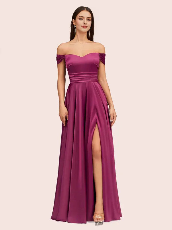 Dress Sexy Off Shoulder Side Slit A-Line Long Soft Satin Pleated Formal Prom Dresses