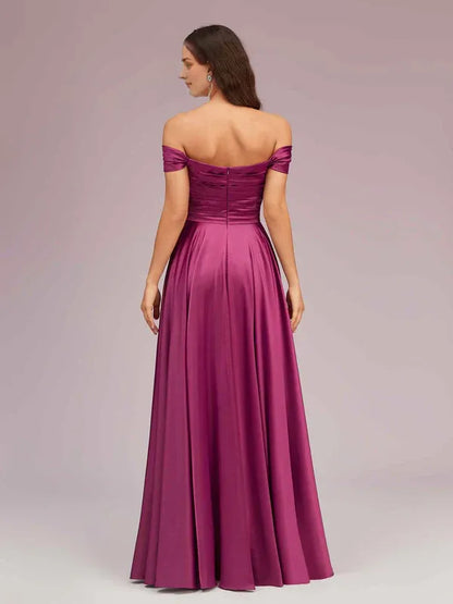 Dress Sexy Off Shoulder Side Slit A-Line Long Soft Satin Pleated Formal Prom Dresses