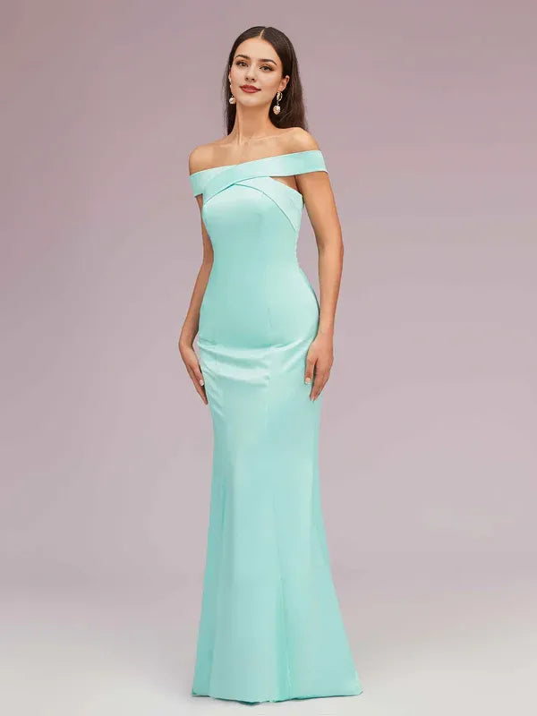 Dress Sexy Off Shoulder Sleeveless Mermaid Trumpet Long Soft Satin Party Solid Color Prom Dresses