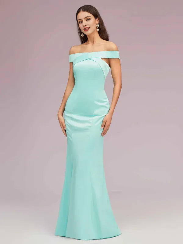 Dress Sexy Off Shoulder Sleeveless Mermaid Trumpet Long Soft Satin Party Solid Color Prom Dresses