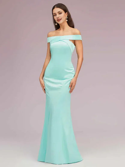 Dress Sexy Off Shoulder Sleeveless Mermaid Trumpet Long Soft Satin Party Solid Color Prom Dresses