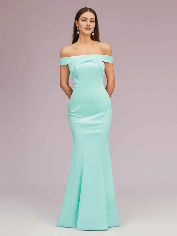 Dress Sexy Off Shoulder Sleeveless Mermaid Trumpet Long Soft Satin Party Solid Color Prom Dresses